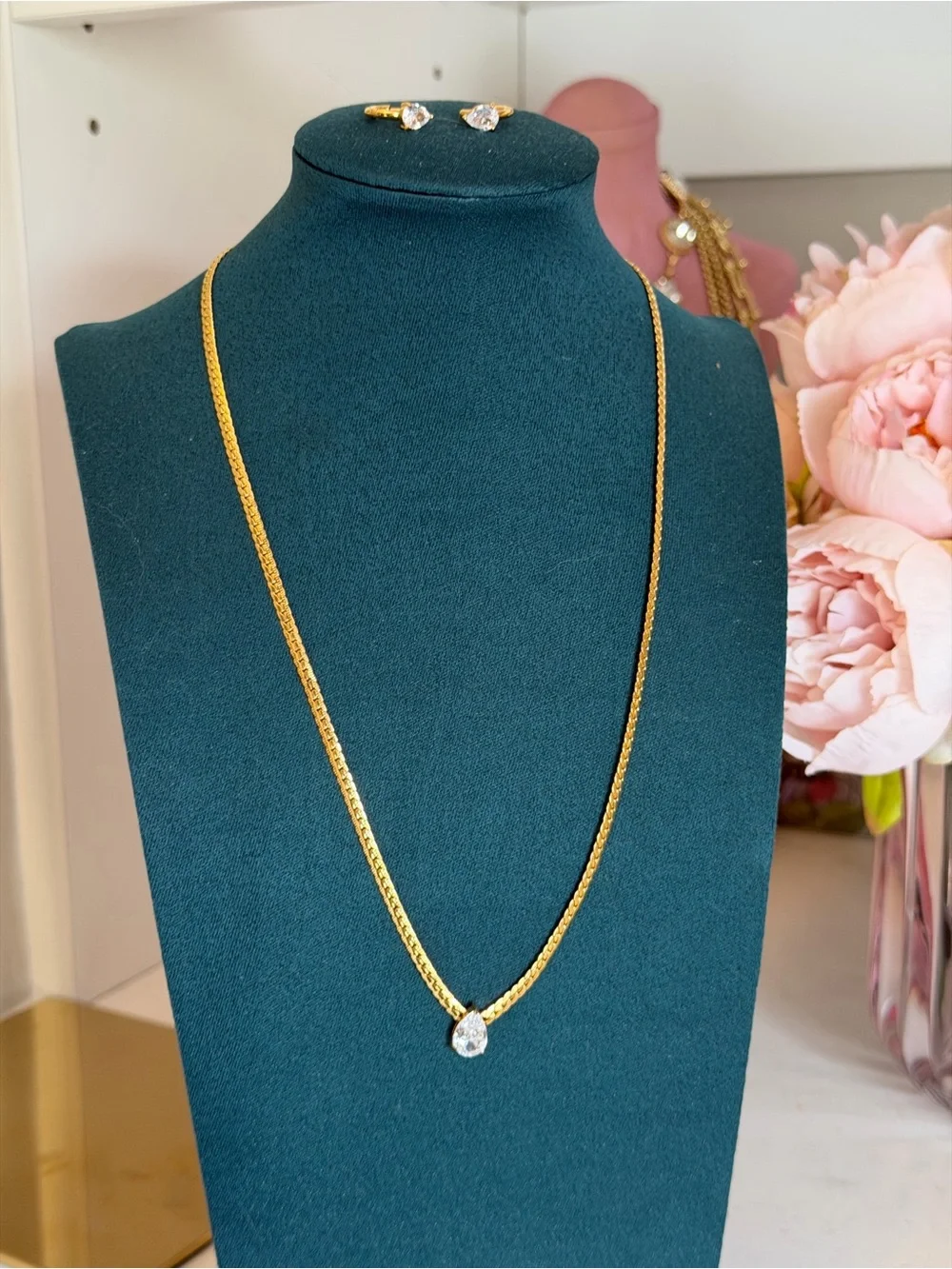 18k Gold Plated jewelry set ~ Chain Necklace with CZ Pendant + CZ Huggies